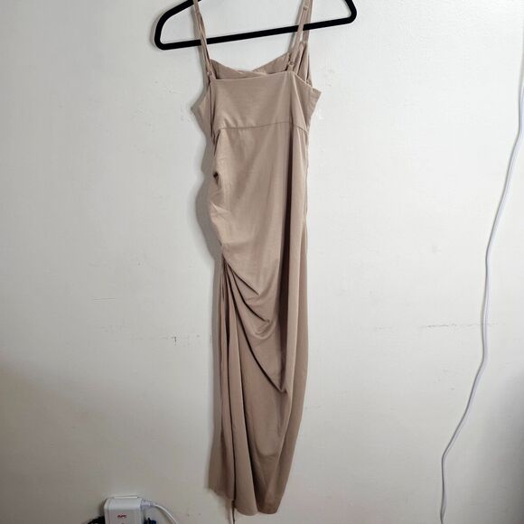 Emory Park Stretch Beige Maxi Side Drawstring Square-Neck Side Zip Split Dress S - Picture 6 of 11